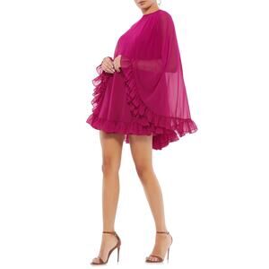 Mac Duggal 55407 Fuchsia Pink Ruffle Long Sleeve Chiffon Cape Cocktail Dress NWT